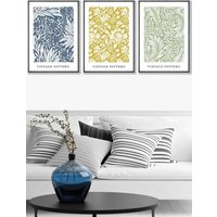 ARTZE Set of 3 Dark Grey Framed Blue Yellow Green William Morris Vintage Floral Wall Art | Size: W33 cm x H45 cm x D20mm