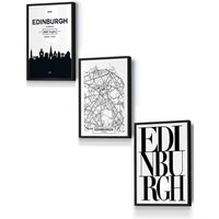 ARTZE EDINBURGH Skyline Street Map City Prints Framed Wall Art - Small in Black | Size: W33 cm x H45 cm x D20mm