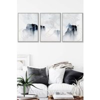 ARTZE Set of 3 Light Grey Framed Abstract Minimal Navy & White Cliffs Wall Art | Size: W33 cm x H45 cm x D20mm