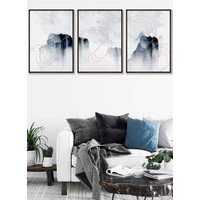 ARTZE Set of 3 Black Framed Abstract Minimal Navy & White Cliffs Wall Art | Size: W45 cm x H62 cm x D20mm