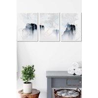 ARTZE Set of 3 White Framed Abstract Minimal Navy & White Cliffs Wall Art | Size: W45 cm x H62 cm x D20mm