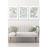 ARTZE Set of 3 White Framed Sage Green & Peach William Morris Vintage Floral Wall Art in Light Green | Size: W45 cm x H62 cm x D20mm