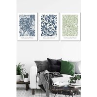 ARTZE Set of 3 White Framed Blue & Green William Morris Vintage Floral Wall Art in Mid Blue | Size: W53 cm x H73 cm x D20mm