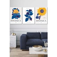 ARTZE Set of 3 White Framed Bright Blue Flower Market & Yellow Sunflower Wall Art | Size: W53 cm x H73 cm x D20mm
