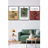 ARTZE Set of 3 Black Framed Minimalist Sketch Leaves Flowers Yellow Red Green Wall Art | Size: W45 cm x H62 cm x D20mm