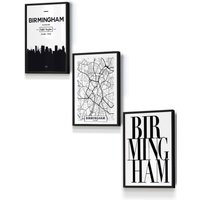 ARTZE BIRMINGHAM Skyline Street Map City Prints Framed Wall Art - Small in Black | Size: W33 cm x H45 cm x D20mm