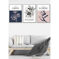 ARTZE Set of 3 Light Grey Framed Minimalist Sketch Leaves Flowers Blush Pink Navy Blue & Grey Wall Art | Size: W53 cm x H73 cm x D20mm