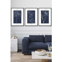 ARTZE Set of 3 Black Framed Line Art Sketch Flowers on Navy Blue Wall Art | Size: W33 cm x H45 cm x D20mm