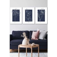 ARTZE Set of 3 White Framed Line Art Sketch Flowers on Navy Blue Wall Art | Size: W33 cm x H45 cm x D20mm