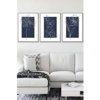 ARTZE Set of 3 Light Grey Framed Line Art Sketch Flowers on Navy Blue Wall Art | Size: W45 cm x H62 cm x D20mm