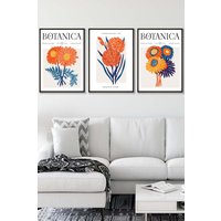 ARTZE Set of 3 Black Framed Bright Orange & Blue Flower Market Wall Art | Size: W33 cm x H45 cm x D20mm