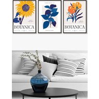 ARTZE Set of 3 Black Framed Flower Market Sunflower Yellow Blue Wall Art in Bright Yellow | Size: W53 cm x H73 cm x D20mm