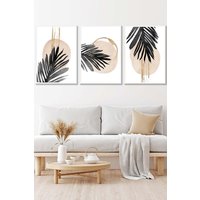 ARTZE Set of 3 White Framed Abstract Watercolour Black Palm Leaves Wall Art | Size: W33 cm x H45 cm x D20mm