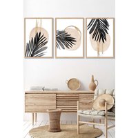 ARTZE Set of 3 Oak Framed Abstract Watercolour Black Palm Leaves Wall Art | Size: W33 cm x H45 cm x D20mm