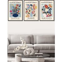 ARTZE Set of 3 Black Framed Flower Market Barcelona Exhibition in Bright Colours Wall Art | Size: W33 cm x H45 cm x D20mm