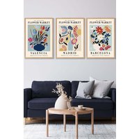 ARTZE Set of 3 Oak Framed Flower Market Barcelona Exhibition in Bright Colours Wall Art | Size: W45 cm x H62 cm x D20mm