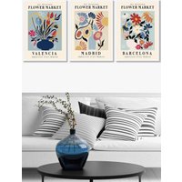 ARTZE Set of 3 White Framed Flower Market Barcelona Exhibition in Bright Colours Wall Art | Size: W53 cm x H73 cm x D20mm