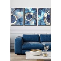 ARTZE Set of 3 Black Framed Abstract Blue & Cream Mixed Media Fractal Wall Art | Size: W53 cm x H73 cm x D20mm