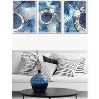 ARTZE Set of 3 White Framed Abstract Blue & Cream Mixed Media Fractal Wall Art | Size: W53 cm x H73 cm x D20mm