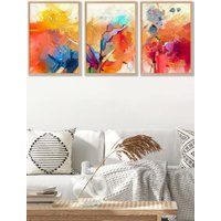 ARTZE Set of 3 Oak Framed Abstract Colourful Orange Pink Red Mixed Media Fractal Wall Art | Size: W45 cm x H62 cm x D20mm