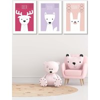 ARTZE Women's Scandi Nursery Forest Animals Pink Lilac Framed Wall Art - Medium in White | Size: W45 cm x H62 cm x D20mm