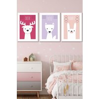 ARTZE Women's Scandi Nursery Forest Animals Pink Lilac Framed Wall Art - Large in White | Size: W53 cm x H73 cm x D20mm