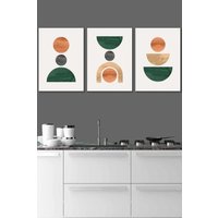 ARTZE Set of 3 White Framed Mid Century Graphical Shapes in Green Orange Yellow Wall Art | Size: W33 cm x H45 cm x D20mm