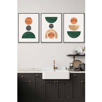 ARTZE Set of 3 Dark Grey Framed Mid Century Graphical Shapes in Green Orange Yellow Wall Art | Size: W53 cm x H73 cm x D20mm