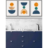 ARTZE Set of 3 Dark Grey Framed Mid Century Graphical Shapes in Navy Blue Orange Wall Art | Size: W33 cm x H45 cm x D20mm