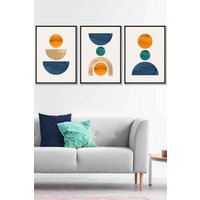 ARTZE Set of 3 Black Framed Mid Century Graphical Shapes in Navy Blue Orange Wall Art | Size: W45 cm x H62 cm x D20mm