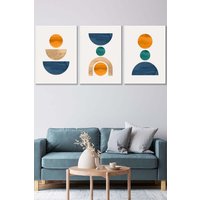 ARTZE Set of 3 White Framed Mid Century Graphical Shapes in Navy Blue Orange Wall Art | Size: W53 cm x H73 cm x D20mm