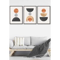 ARTZE Set of 3 Black Framed Mid Century Graphical Shapes in Black, Grey, Orange Wall Art | Size: W33 cm x H45 cm x D20mm