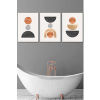ARTZE Set of 3 White Framed Mid Century Graphical Shapes in Black, Grey, Orange Wall Art | Size: W45 cm x H62 cm x D20mm