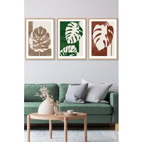 ARTZE Set of 3 Oak Framed Mid Century Monstera in Beige & Green Wall Art in Dark Green | Size: W45 cm x H62 cm x D20mm