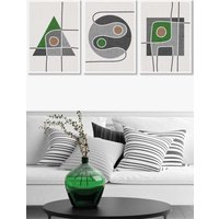 ARTZE Set of 3 White Framed Mid Century Graphical Shapes in Grey & Green Wall Art | Size: W45 cm x H62 cm x D20mm