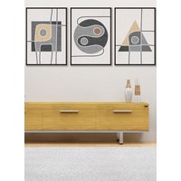 ARTZE Set of 3 Black Framed Mid Century Graphical Shapes in Grey & Yellow Wall Art | Size: W45 cm x H62 cm x D20mm