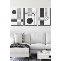 ARTZE Set of 3 Black Framed Mid Century Graphical Shapes in black & Grey Wall Art in Dark Grey | Size: W53 cm x H73 cm x D20mm