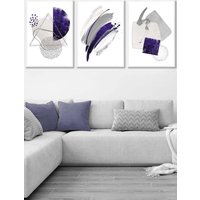 ARTZE Set of 3 White Framed Abstract Purple Silver Watercolour Shapes Wall Art | Size: W33 cm x H45 cm x D20mm