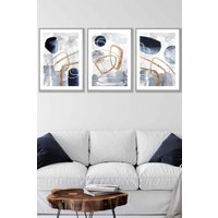 ARTZE Set of 3 Light Grey Framed Abstract Navy Blue & Gold Watercolour Shapes Wall Art | Size: W33 cm x H45 cm x D20mm