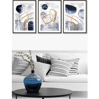 ARTZE Set of 3 Black Framed Abstract Navy Blue & Gold Watercolour Shapes Wall Art | Size: W53 cm x H73 cm x D20mm