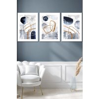 ARTZE Set of 3 White Framed Abstract Navy Blue & Gold Watercolour Shapes Wall Art | Size: W53 cm x H73 cm x D20mm