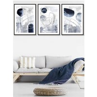 ARTZE Set of 3 Black Framed Abstract Navy Blue & Silver Watercolour Shapes Wall Art | Size: W33 cm x H45 cm x D20mm