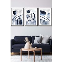ARTZE Set of 3 Black Framed Abstract Navy Blue Watercolour Shapes Wall Art | Size: W45 cm x H62 cm x D20mm