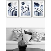 ARTZE Set of 3 Light Grey Framed Abstract Navy Blue Watercolour Shapes Wall Art | Size: W53 cm x H73 cm x D20mm