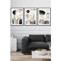 ARTZE Set of 3 Black Framed Abstract Black Grey & Gold Watercolour Shapes Wall Art | Size: W33 cm x H45 cm x D20mm