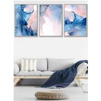 ARTZE Set of 3 Light Grey Framed Blush Pink & Navy Blue Abstract Ink Wall Art | Size: W33 cm x H45 cm x D20mm