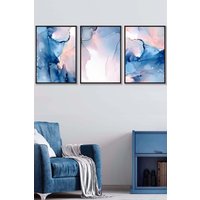 ARTZE Set of 3 Black Framed Blush Pink & Navy Blue Abstract Ink Wall Art | Size: W45 cm x H62 cm x D20mm