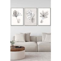 ARTZE Set of 3 Light Grey Framed Grey & Beige Botanical Sketch Leaves Wall Art in Light Beige | Size: W45 cm x H62 cm x D20mm