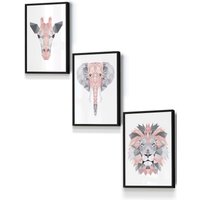 ARTZE Geometric Pink Grey Jungle Animal Heads Framed Wall Art - Small in Black | Size: W33 cm x H45 cm x D20mm