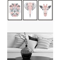 ARTZE Geometric Pink Grey Jungle Animal Heads Framed Wall Art - Medium in Black | Size: W45 cm x H62 cm x D20mm